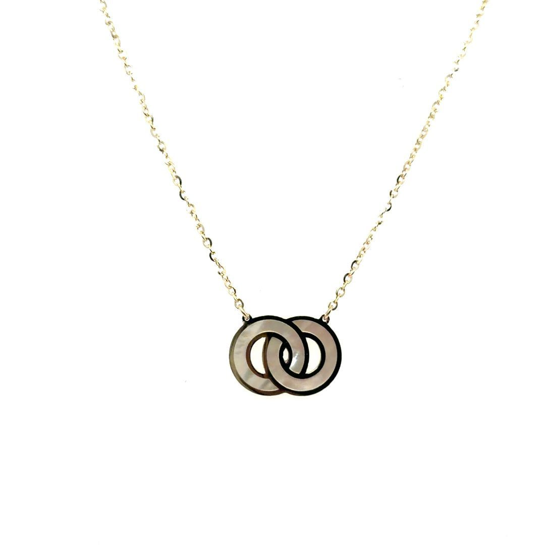 ADJ. NECK. CHAIN, 2 MOTHER-OF-PEARL CIRCLES, 10KT